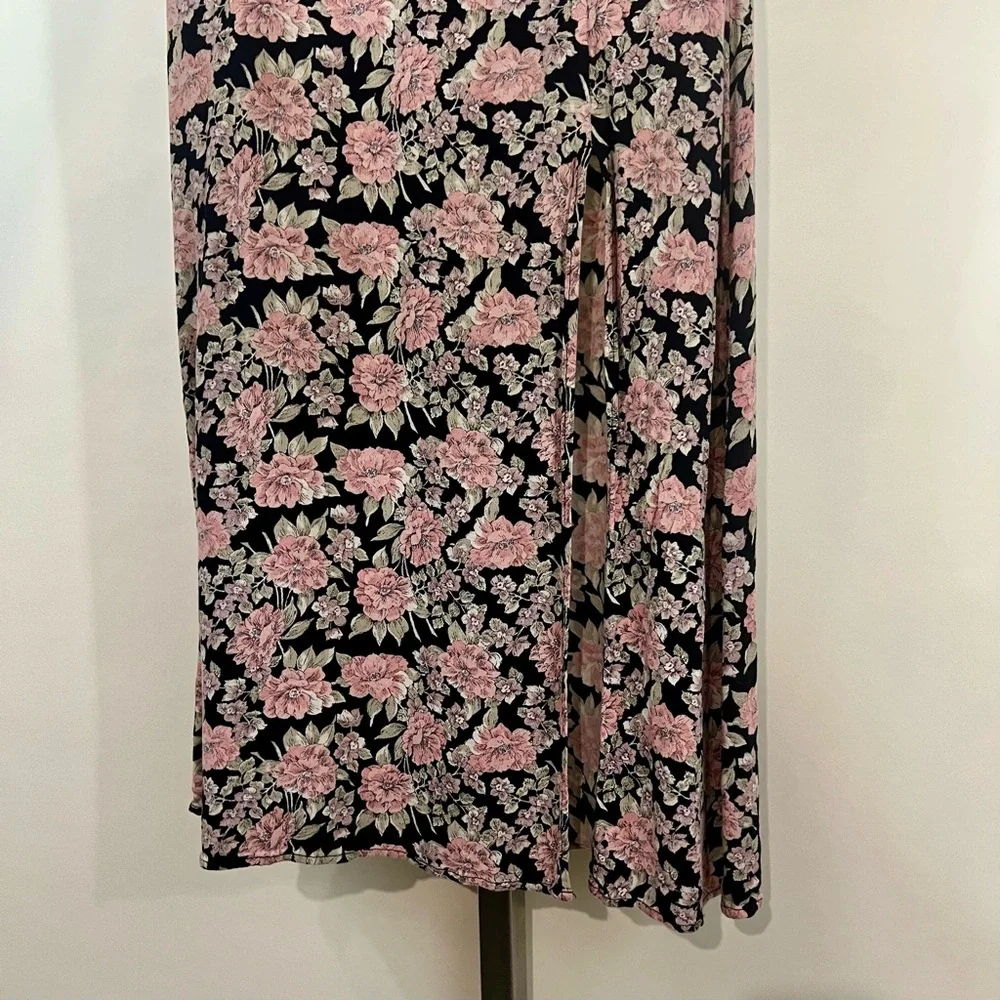 AE American Eagle High-Waisted Black Pink Floral Front Slit Midi Skirt XS